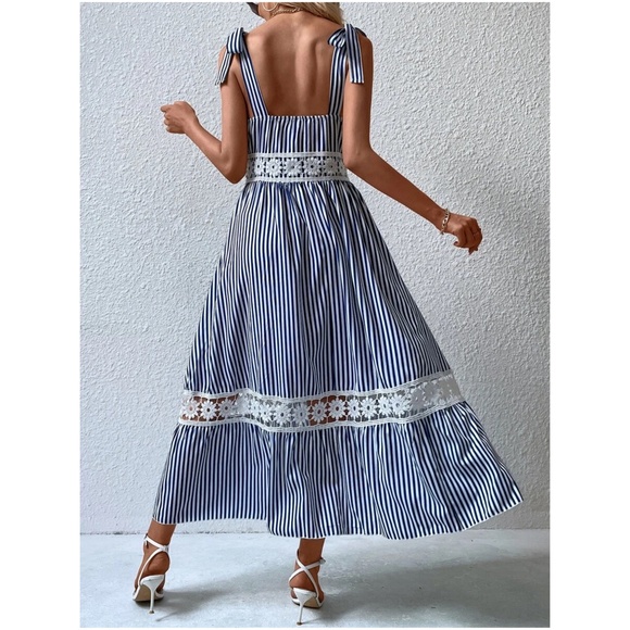 Boho Stripes Floral Lace Inserts Tie Maxi Dress - Picture 12 of 12